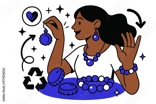 Upcycled Jewelry Art. Upcycling and creative reuse of materials. DIY jewelry made from bottle caps and old beads with abstract floating icons, arrows, and