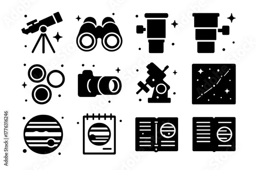 Jupiter Observation Icons. Observing Jupiter with telescopes. Solid icons set of Observing Jupiter with telescopes: backyard telescope, binoculars, eyepiece,