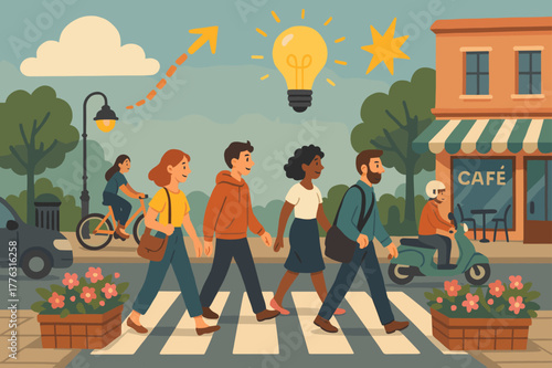 Bustling City Crosswalk. pedestrians, crosswalk, flower planters, cafe, bicycle, car, scooter, streetlamp,