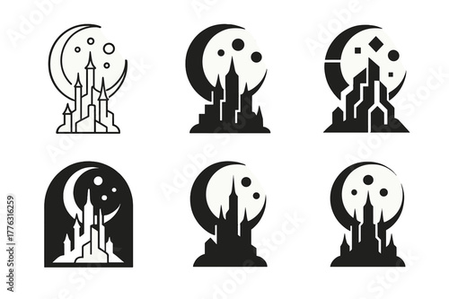 Mystical City Logos. A mystical city with towering spires and floating orbs of light. Set Logo of A mystical city with towering spires and floating orbs of