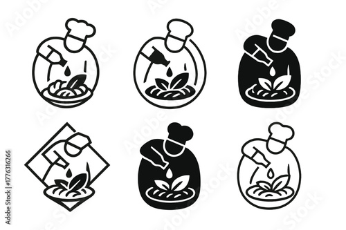 Balsamic Drizzle Logos. A chef adding a drizzle of balsamic glaze over a dish of grilled vegetables. Set Logo of A chef adding a drizzle of balsamic glaze over