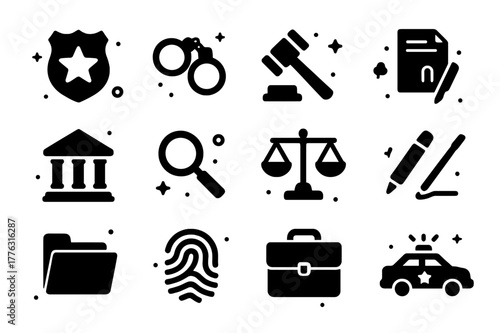 Law Enforcement Icons. Law Enforcement. Solid icons set of Law Enforcement: police badge, handcuffs, gavel, hand holding document, courthouse, magnifying