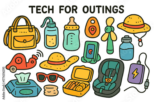 Outing Essentials Icons. Tech for outings. Colorful Hand-drawn doodle Children illustration Tech for outings diaper bag, portable bottle warmer, GPS tag, mini