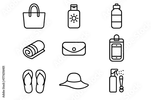 Poolside Essentials Icons. Poolside Essentials. Line icon set of Poolside Essentials: tote bag, sunscreen, water bottle, beach towel, sunglasses case, phone in