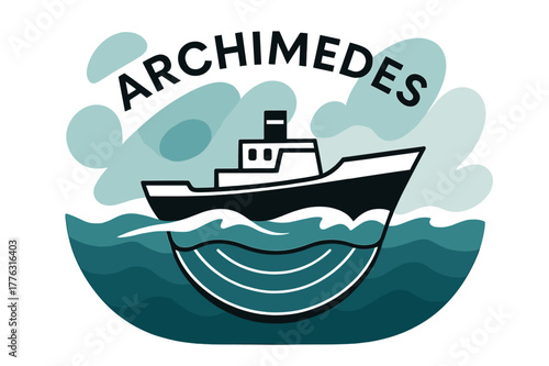Archimedes' Buoyant Journey. Boat Displacement at Sea. A ship hull cuts through stylized waves; volume lines beneath show buoyant displacement. Floating