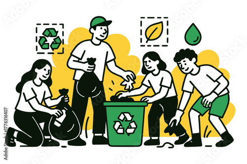 Community Trash Collection. Community cleanup. People collecting trash in bins with floating geometric icons