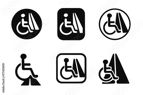 Universal Access Logos. Accessible transportation. Set Logo of universal access road emblem: Filled silhouette, Iconic shape, Symmetrical form, Minimal