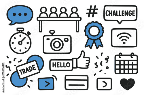 Bujo Meetup Icons. // Bujo meetup & challenges. Hand-drawn doodle illustration Bujo meetup & challenges [group chat bubble (accented), workshop table