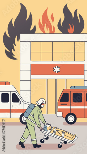 Firefighter rescuing victim on stretcher in front of burning building  