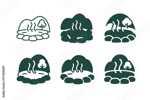 Onsen Logo Variations. A hot spring bath with a natural, serene landscape around it. Icon set. Set Logo of A hot spring bath with a natural, serene landscape