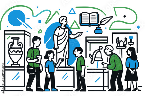 Museum Interactive Exhibit. Historical exhibits. A wide museum hall with display cases, artifacts, and