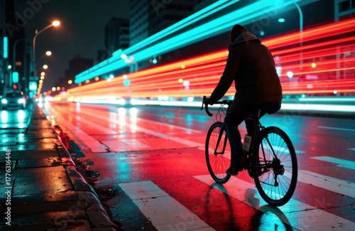 Wallpaper Mural A person riding a bicycle on a city street at night with colorful light trails from passing vehicles Torontodigital.ca