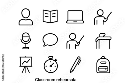 Classroom Rehearsal Icons. Classroom rehearsal. Line outline icon set of classroom rehearsal: student,