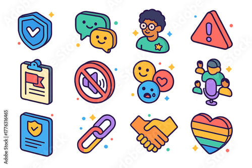 Online Community Icons. Online community support. Colorful isometric vector icons set of Online community support: community moderator badge, positive chat