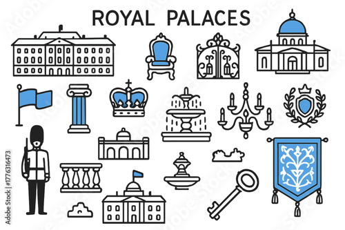 Regal Palace Doodle. Royal palaces. Hand-drawn doodle illustration royal palaces [grand facade (accented), throne, crown (accented), ornate gate, palace dome