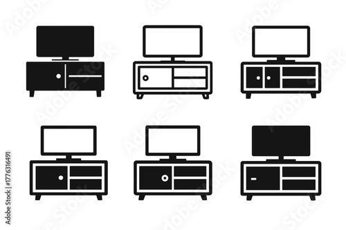TV Stand Logos. A TV stand with storage for electronics and media. Set Logo of A TV stand with storage for electronics and media: cabinet with sliding doors