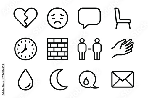 Emotional Distance Icons. Emotional distance. Line icon set of emotional distance: heart, broken line, sad face, message bubble, empty chair, clock, wall, two