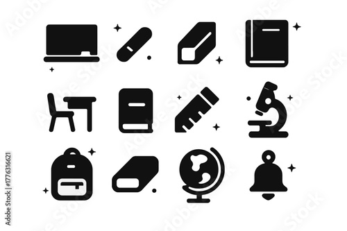 Classroom Icon Set. Face-to-face learning and classrooms. Solid icons set of Face-to-face learning and classrooms: chalkboard, chalk, desk, textbook, pencil,