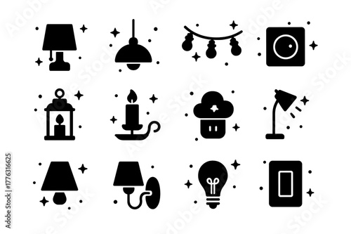 Bedroom Lighting Icons. Bedroom lighting ambience. Solid icons set of Bedroom lighting ambience: bedside lamp, pendant light, string lights, dimmer switch,