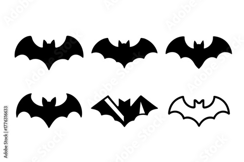 Halloween Bat Logos. Halloween parties and decorations. Set Logo of Halloween parties and decorations: bat with spread wings. Icon set. harmonious logo