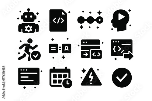 Automation Testing Icons. Automation testing. Solid icons set of automation testing: test bot, script code, CI pipeline, headless run, test runner, assertions