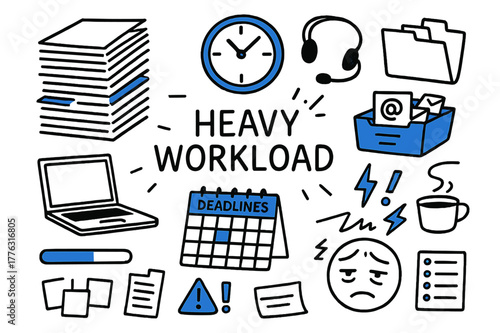 Overwhelming Workload Chaos. // Heavy workload. Hand-drawn doodle illustration Heavy workload [stacked papers (accented), laptop, deadlines calendar