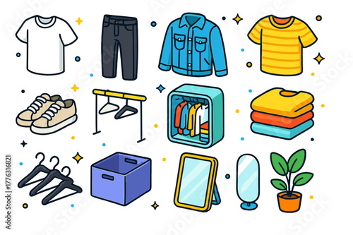 Colorful Minimalist Wardrobe Icons. Minimalist wardrobe. Colorful isometric vector icons set of Minimalist wardrobe: white T-shirt, black jeans, denim jacket,