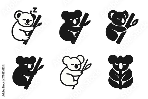 Koala Logo Variations. Animal sleep. Set Logo of dozing koala: koala hugging eucalyptus branch. Icon set. harmonious logo variations of the same emblematic