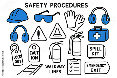 Safety Equipment Doodles. // Safety procedures. Hand-drawn doodle illustration Safety procedures [hard hat (accented), safety glasses (accented), gloves, ear