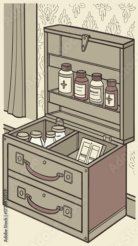 Vintage medicine chest with jars and drawers in retro style  