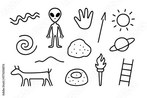 Martian Cave Icons. Martian cave paintings. Hand-drawn doodle illustration martian cave paintings cave wall, rover track, stick figure alien, hand stencil,