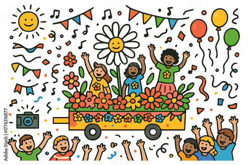 Vibrant Flower Parade. Flower parade. Colorful Hand-drawn doodle Children illustration Flower parade decorated float, garlands, crowd cheering, music notes,