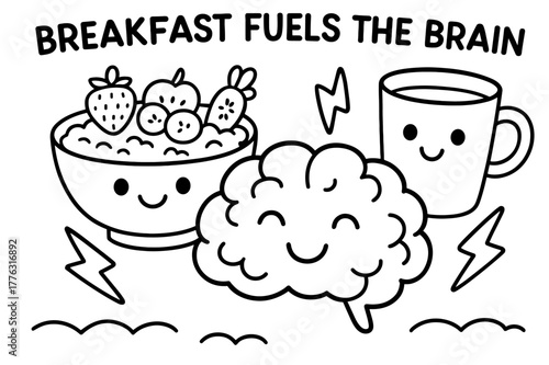 Brain-Boosting Breakfast. Breakfast fuels the brain children?s coloring book illustration, outlined drawing, a cheerful bowl of oatmeal, fruit, and a milk cup