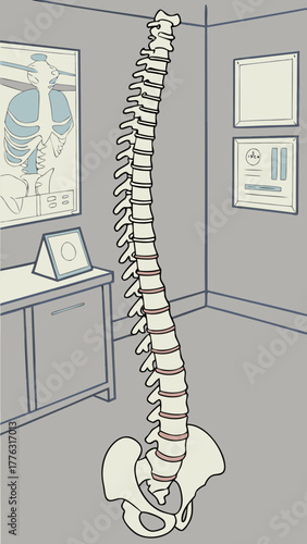Spine model displayed in clinic environment with educational posters  