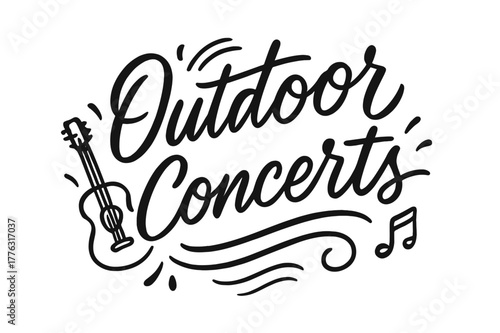 Musical Vibes. Outdoor Concerts ? brush script hand-lettering with fluid semi-cursive strokes, thin connectors, fast brush accents; composition: centered;