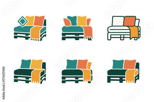 Colorful Garden Logo Variations. Adding colorful outdoor cushions and throws to a garden seating area. Set Logo of pallet lounge: low platform sofa with bright