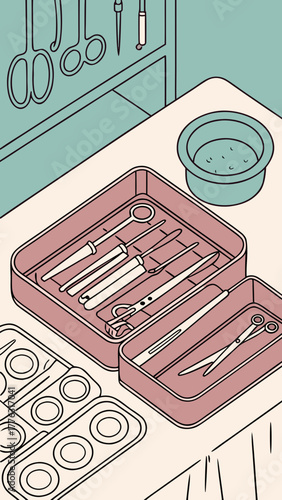 Surgical instruments organized in a sterilization tray on a table  