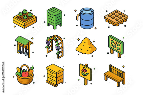 Urban Garden Icons. Urban community gardens. Colorful isometric vector icons set of Urban community gardens: raised beds, compost bin, rain barrel, seedling