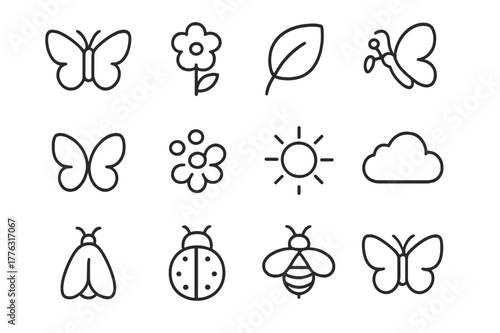 Butterfly Icon Set. Butterflies. Line outline icon set of butterflies: butterfly, flower, leaf, nectar, wings,