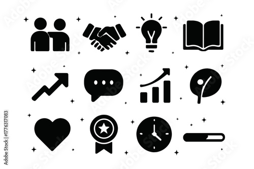 Peer Mentorship Icons. Peer Mentorship. Solid icons set of Peer Mentorship: two people icons, handshake, lightbulb, book, upward arrow, chat bubble, growth