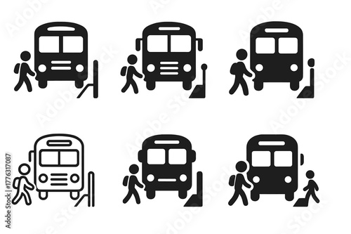 School Bus Logos. Getting the kids ready for school. Set Logo of Getting the kids ready for school: school bus at curb with child silhouette. Icon set.
