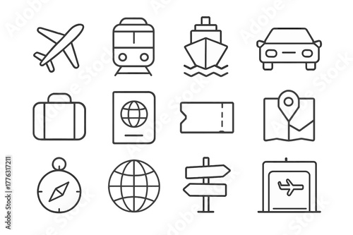 Travel Icon Set. Long-distance travel. Line icon set of travel: airplane, train, ship, car, suitcase, passport, ticket, map, compass, globe, direction sign,