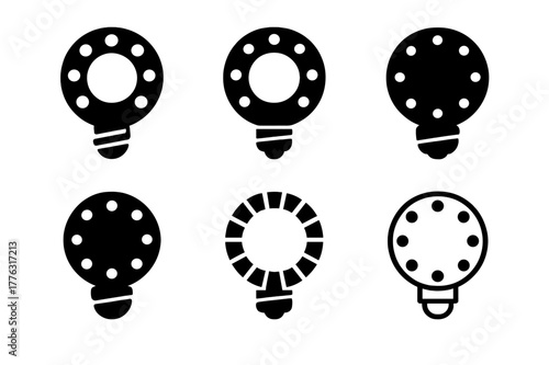 Vanity Bulb Icon Set. Vanity light bulb. Icon set. Set Logo of vanity light bulb: ring light for makeup mirror. harmonious logo variations of the