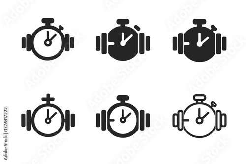 Victory Training Logos. Training for victory. Set Logo of Training for victory: dumbbell and stopwatch combo. Icon set. harmonious logo variations of the same