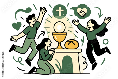 Sacred Rituals Symbolism. Eucharist and communion. Glowing chalice and bread on an abstract altar, floating