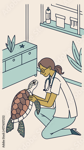 Veterinarian examining sea turtle in clinic with medical supplies  