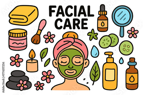 Colorful Facial Care Icons. facial care. Colorful Hand-drawn doodle Children illustration facial care face mask, cucumber slices, headband, towel, cream jar,