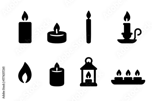 Decorative Candle Icons. Decorative candles. Filled icon set of decorative candles: pillar candle, tea light,