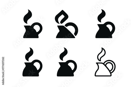 Tea Kettle Logos. tea kettle spout. Set Logo of tea kettle spout: steam plume from spout tip. Icon set. harmonious logo variations of the same emblematic