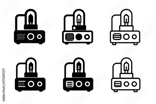 Vintage Electronics Logos. Decorating with vintage electronics. Set Logo of Decorating with vintage electronics: vacuum tube desk lamp. Icon set. harmonious